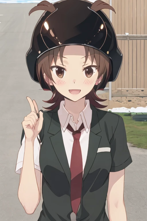 best quality, masterpiece, highres, solo, {yuzu_iizuka_sakuratrick:1.15}, brown_hair, blush, brown_eyes, short_hair, necktie, 1girl, open_mouth, helmet, hood, fang, smile