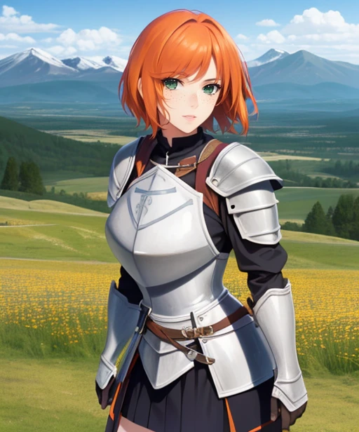 portrait, (adult woman), (1girl, solo), (looking at viewer), ((knight, armor, skirt)), freckles, (orange hair, medium hair), (green eyes), ((field, mountains)), (best quality, high detail), ((masterpiece)), <lora:1_iizukitasuku_20e:1>