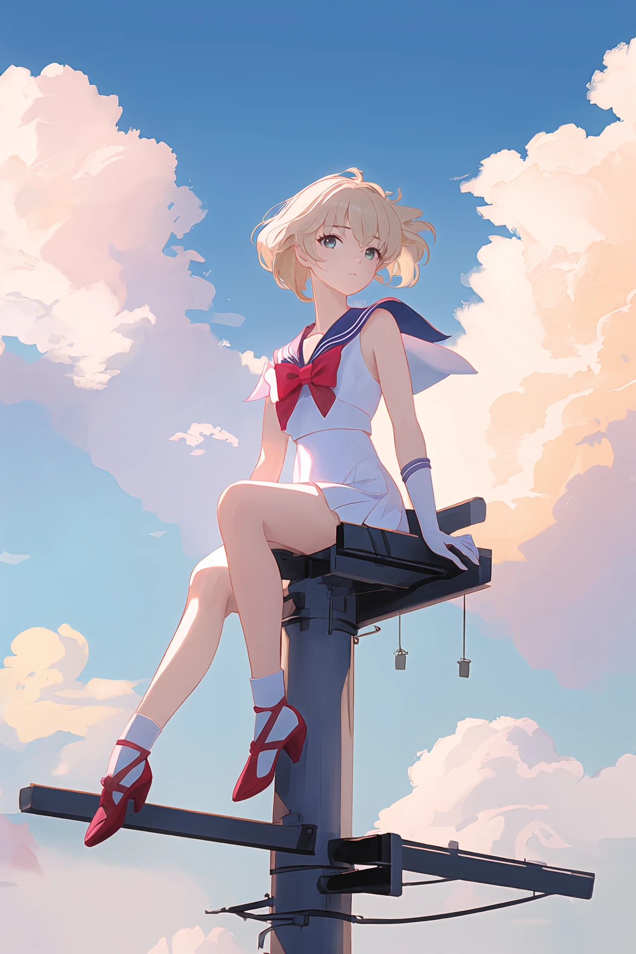 (best quality, masterpiece, highres),1girl,solo,hair intakes,sailor senshi costume,looking away,looking at viewer,sky,cloud,
<lora:on utility pole_v1.07bw:1>,on utility pole,