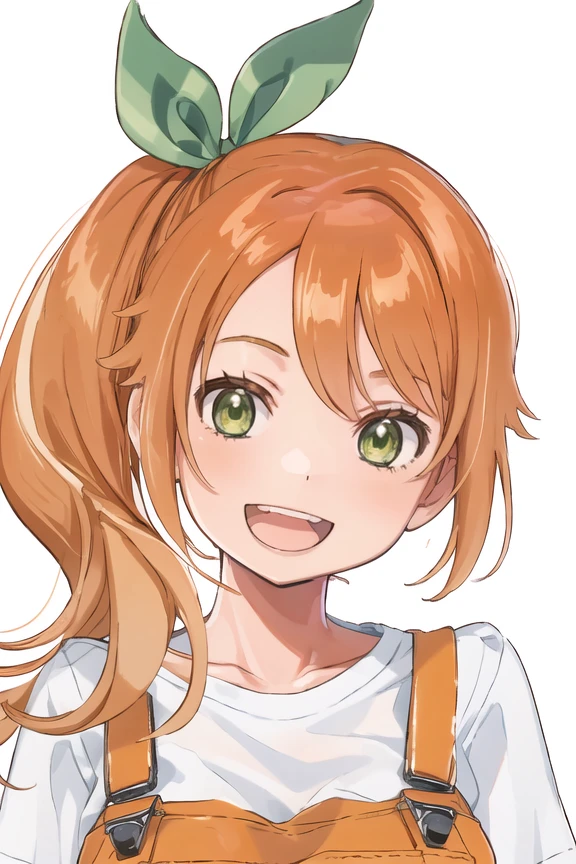 masterpiece, best quality, 1girl, highly detailed face, hareru, orange hair, green eyes, large breasts, hair ribbon, white t-shirt, blue overalls, :d, <lora:hareru-06:1>