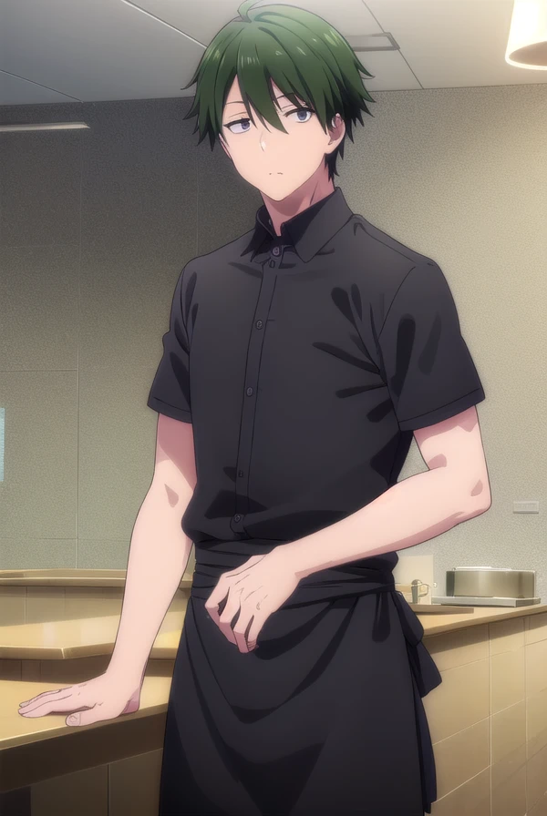 kouyouakizuki, <lora:kouyou akizuki s1-lora-nochekaiser:1>,
kouyou akizuki, ahoge, male focus, green hair, (black eyes:1.5),
BREAK shirt, apron, waist apron, waiter, shirt, white shirt, collared shirt,
BREAK indoors, restaurant,
BREAK looking at viewer, (cowboy shot:1.5),
BREAK <lyco:GoodHands-beta2:1>, (masterpiece:1.2), best quality, high resolution, unity 8k wallpaper, (illustration:0.8), (beautiful detailed eyes:1.6), extremely detailed face, perfect lighting, extremely detailed CG, (perfect hands, perfect anatomy),