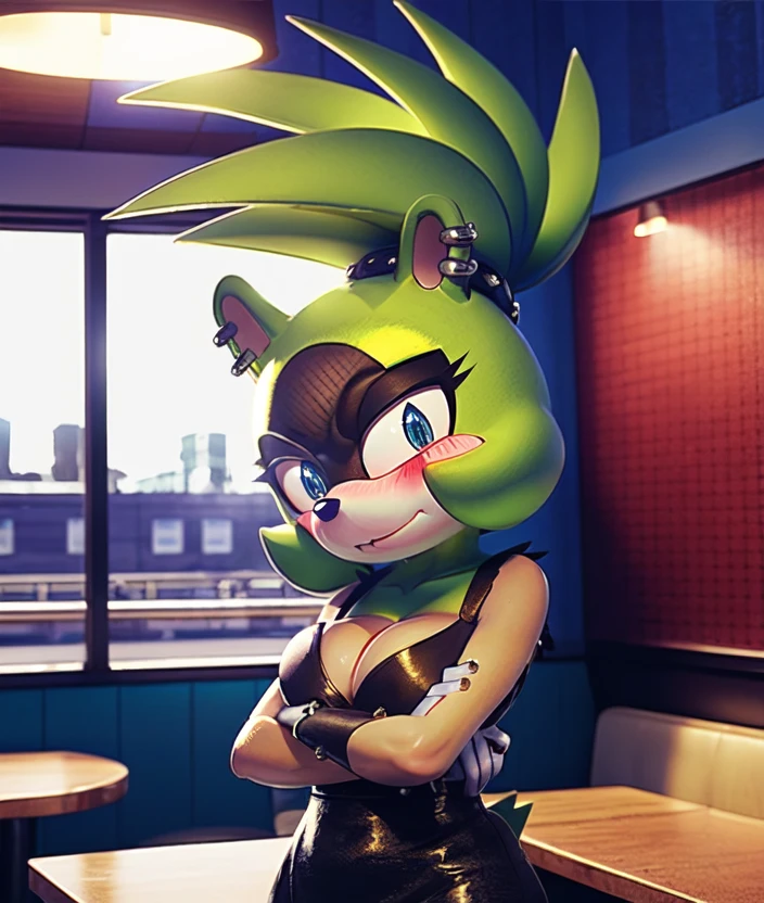 surge the tenrec, female, diner booth, detailed background, detailed face, blue eyes, dress, gloves, crossed arms, blush, shy, looking at viewer, breasts, cleavage, RAW Photo, realistic <lora:Surge022BB95:1>