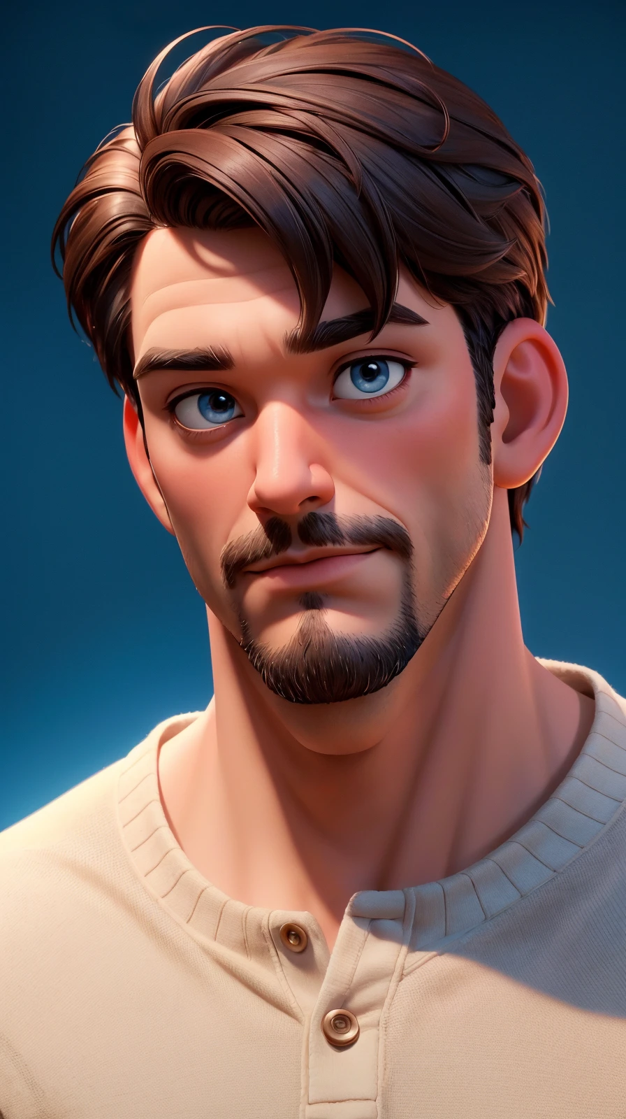 disney pixar 3d animation character of a man, looking at viewer, blue background, brown hair, simple background, closed mouth, kkw-ph1, <lora:LORA-XenoDetailer-v2:1>