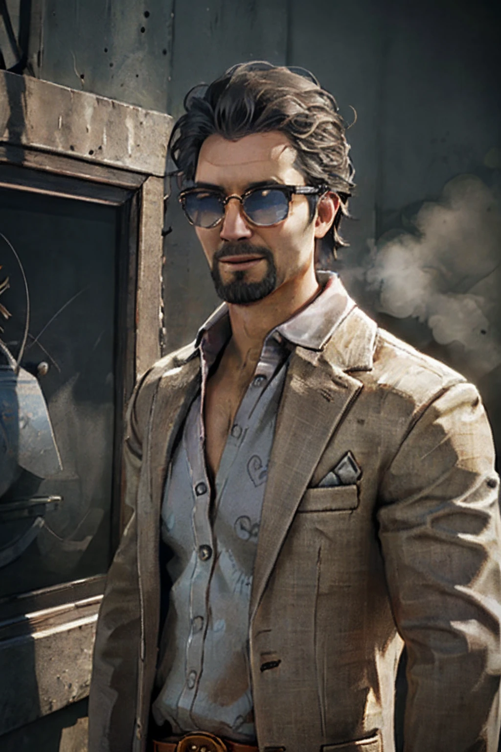 1boy,  solo,  Ace Visconti,  Dead By Dayligh,  Argentinian of Italian descent,  gambler,  grey-streaked hair,  facial hair,  sunglasses,  cap,  damask print shirt,  classic jacket,  jeans,  mature, manly,  masculine,  handsome,  charming,  alluring,  dashing,  smirk,  (standing),  (upper body in frame),  dark background,  fog,  dark atmosphere,  perfect light,  perfect anatomy,  perfect proportions,  perfect perspective,  8k,  HQ,  (best quality:1.5,  hyperrealistic:1.5,  photorealistic:1.4,  madly detailed CG unity 8k wallpaper:1.5,  masterpiece:1.3,  madly detailed photo:1.2),  (hyper-realistic lifelike texture:1.4,  realistic eyes:1.2),  picture-perfect face,  perfect eye pupil,  detailed eyes,  realistic,  HD,  UHD,  portrait,  looking outside frame,<lora:EMS-269078-EMS:0.800000>