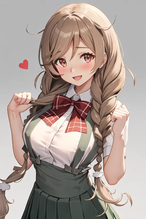 best quality, masterpiece, highres, solo, {minegumo_kantaicollection:1.15}, long_hair, twin_braids, braid, light_brown_hair, red_eyes, breasts, brown_eyes, gradient_hair, multicolored_hair, blush, open_mouth, bow, bowtie, red_bow, smile, red_bowtie, large_breasts, 1girl, :d, bangs, collared_shirt, head_tilt, looking_at_viewer, plaid, shirt, short_sleeves, suspenders, white_shirt, arm_warmers, brown_hair, hair_between_eyes, plaid_bow, pleated_skirt, skirt, suspender_skirt, twintails, very_long_hair, green_skirt, grey_skirt, hands_up, heart, own_hands_together, palms_together, puffy_short_sleeves, simple_background, white_background