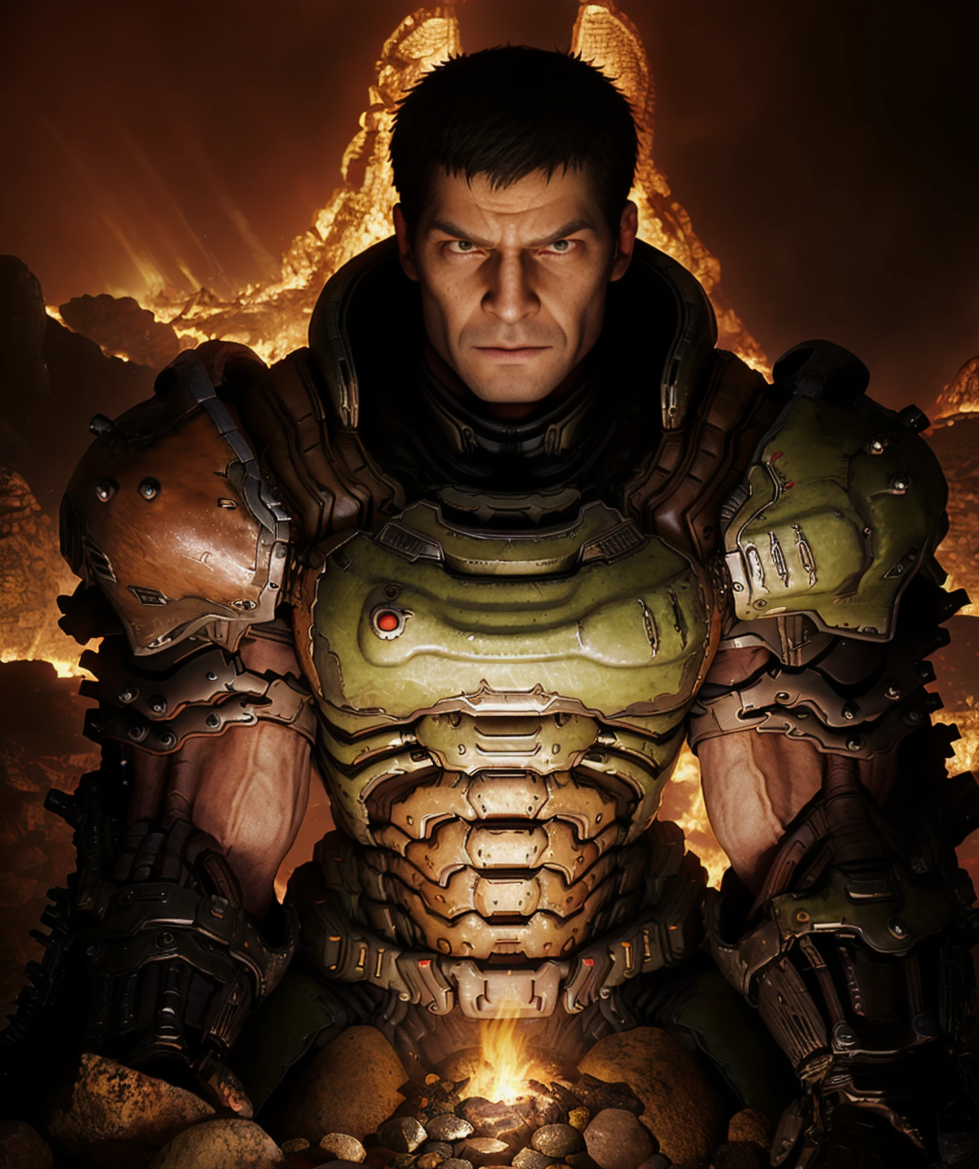 helmetless_doomguy, short hair, male focus, 1boy, (sitting down on rocks, looking down), (hellscape, fire, firescape, hell) <lora:Helmetless_Doomguy-15(1):0.85>