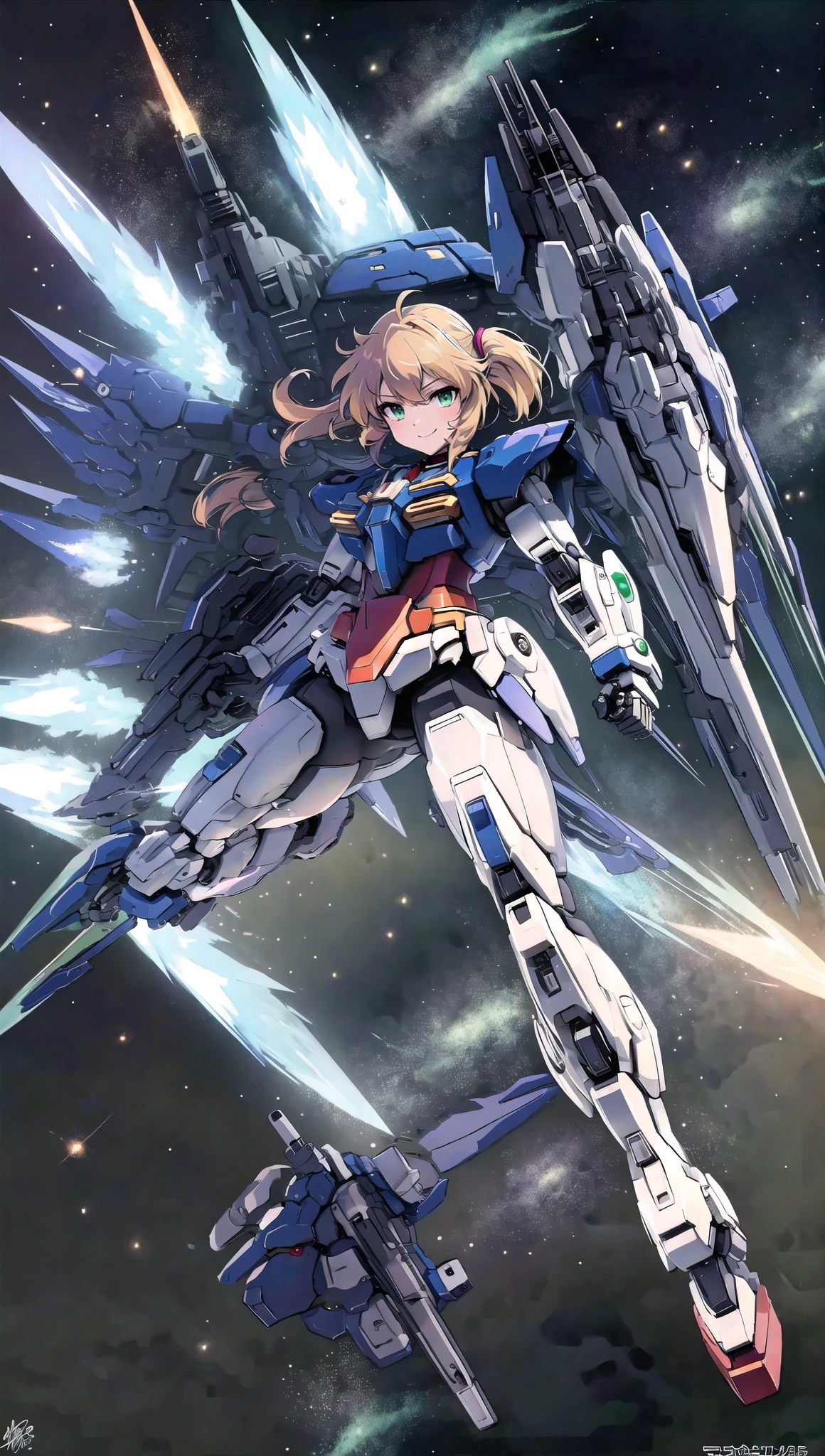 (masterpiece,  best quality,  ultra-detailed,  8K,  ),  high detail,  seductive_pose,  1girls,  fly,  floating on space,  floating_hair,  smiling eyes,  symmetry, mechanical,  golden mecha_musume,  sexy,  , bg_imgs, 
00_gundam,  gundam,  solo,  holding,  green eyes,  weapon,  signature,  holding weapon,  gun,  no humans,  robot,  clenched hand,  holding gun,  mecha,  science fiction,  shield,  v-fin,  energy gun,  mobile suit,  beam rifle,<lora:EMS-99687-EMS:0.700000>,<lora:EMS-69692-EMS:1.200000>