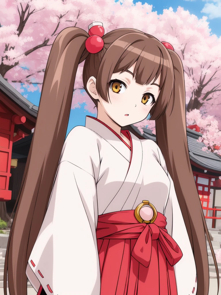 <lora:Amy:0.8>ãAmy, 1girl, soro,ãbrown hair, twintails, long hair, brown eyes, yellow eyes, bangs, hair ornament,,
japanese white clothes, miko, red hakama, shrine, cherry blossom,
masterpiece, high quality, very_high_resolution, large_filesize, full color,