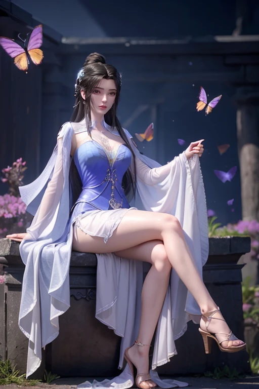 realistic, photorealistic, Masterpiece, absurdres, fine detail, HDR, highly detailed face and eyes, (8k, best quality, masterpiece:1.2), ultra-detailed, extremely detailed cg 8k wallpaper,fashion,(crystalstexture skin:1.2),(extremely delicate and beautiful),(masterpiece, best quality:1.2),1girl, solo, narrow waist, wide hips, medium breasts,long hair, (looking at viewer:1.2), natural lighting, fantasy, dreamlike, unreal, science fiction, detail, delicate pattern, charming, alluring, enchanting, hair ornament, ,long hair,black hair, petite, limuwan,<lora:plump-limuwanv2:0.8> full body, dream, purple butterflies, glowing butterflies, sexy pose, night, (neon butterflies:1.1), purple neon butterflies
