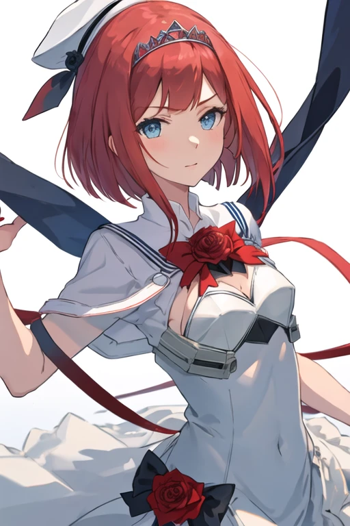 best quality, masterpiece, highres, solo, {ark_royal_kantaicollection:1.15}, red_hair, short_hair, bob_cut, bangs, blue_eyes, hairband, tiara, blunt_bangs, breasts, ribbon, flower, rose, red_flower, red_ribbon, 1girl, black_neckerchief, blue_sailor_collar, neckerchief, sailor_collar, sailor_dress, simple_background, white_background, dated, dress, looking_at_viewer, one-hour_drawing_challenge, cosplay, twitter_username, hat, sailor_hat, shirt, short_sleeves, white_headwear