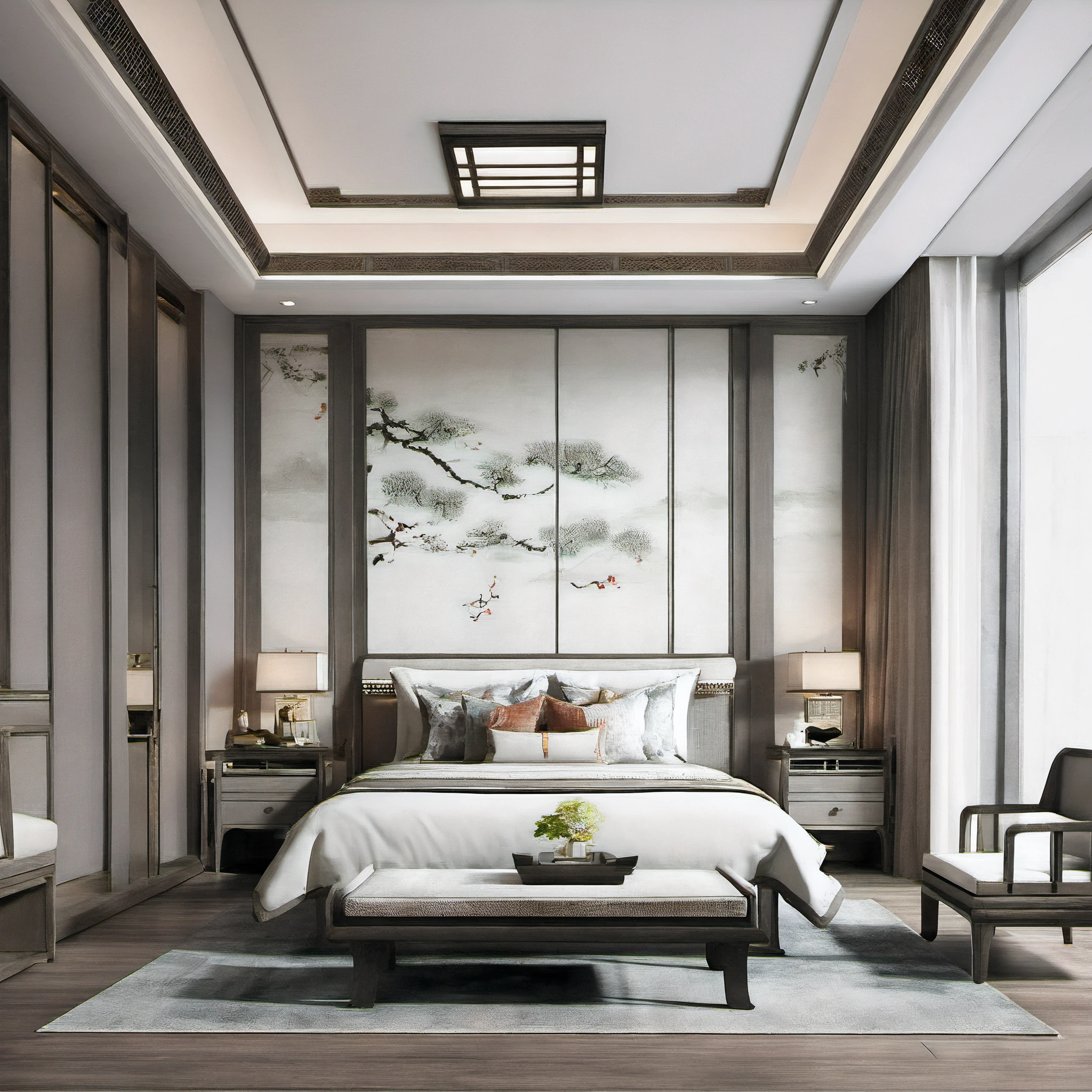Lao Chen, Interior, Bedroom, New Chinese, couch, table, indoors, carpet, wooden floor