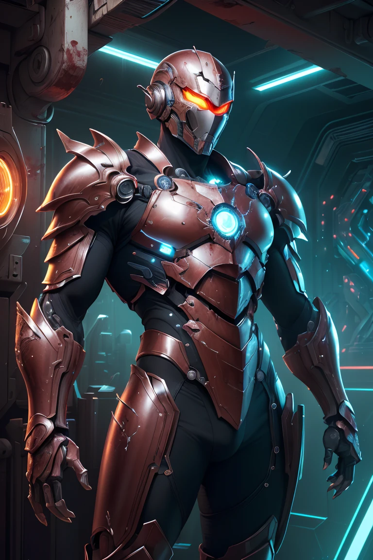 (masterpiece, top quality, best quality, official art, beautiful and aesthetic:1.2),(1man with full armor:1.3),neon lighting,(vibrant glow:1.2),extreme detailed,colorful,highest detailed ((ultra-detailed)),(highly detailed CG illustration),cinematic light,solo,(machine made joints:1.2),((machanical limbs)),(blood vessels connected to tubes),(character focus),science fiction,<lora:ral-crystals-sd15:0.5>,