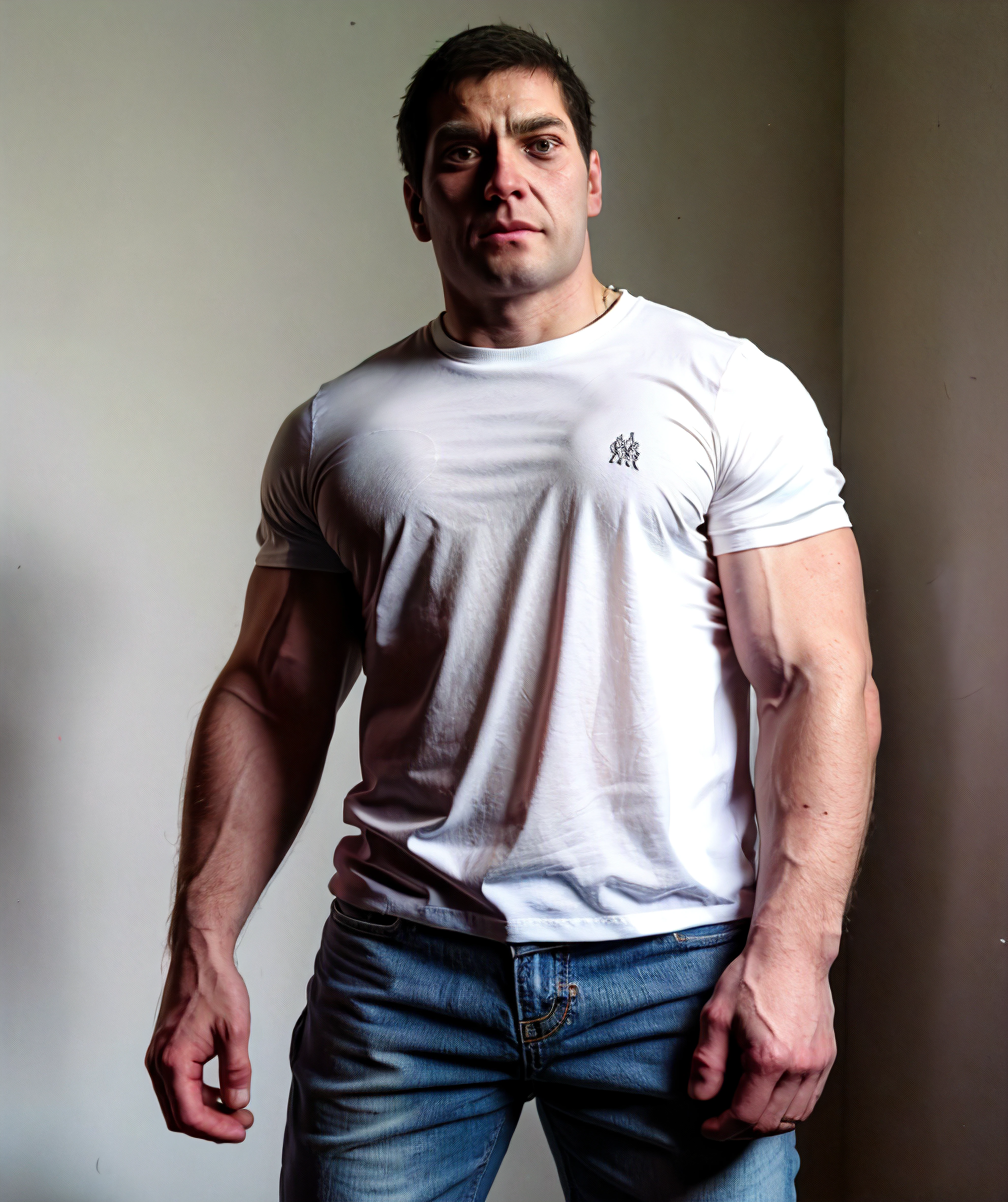 helmetless_doomguy, (muscular, white t-shirt, jeans) <lora:Helmetless_Doomguy-15(1):0.8>