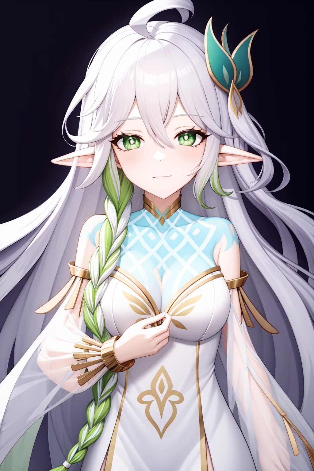 <lora:æ ç2-000010:1:lbw=char>,(dacishuwang:0.0),tattoo,rukkhadevata \\\(genshin impact\\\),long hair,green eyes,bangs,white dress,white hair,dress,braid,bare shoulders,detached sleeves,multicolored hair,symbol-shaped pupils,ahoge,dacishuwang,tattoo,, 1girl,
,  (masterpiece,best quality:1.2),absurdres