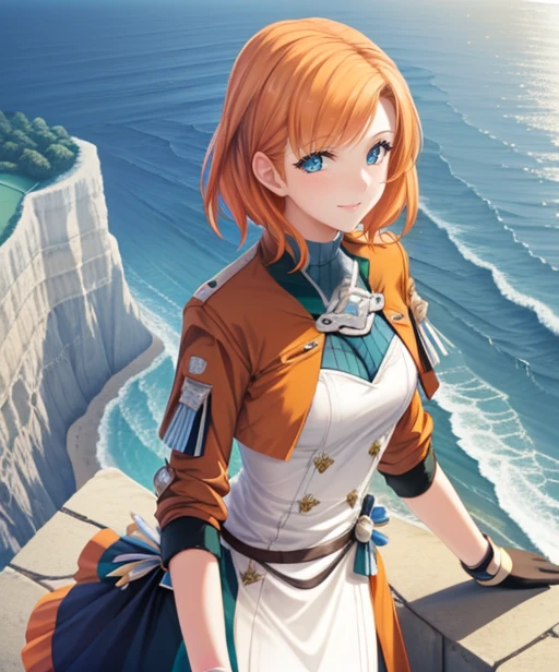 portrait, (adult woman), (1girl, solo), smile, (orange hair), ((coast, bay, cliffs, ocean)), (distant castle on a cliff), ((best quality, high detail)), ((masterpiece)), <lora:Annette_FE:0.7> (annette_war), medium hair, caplet, gloves, dress, <lora:1_tenmaso_15e:1>