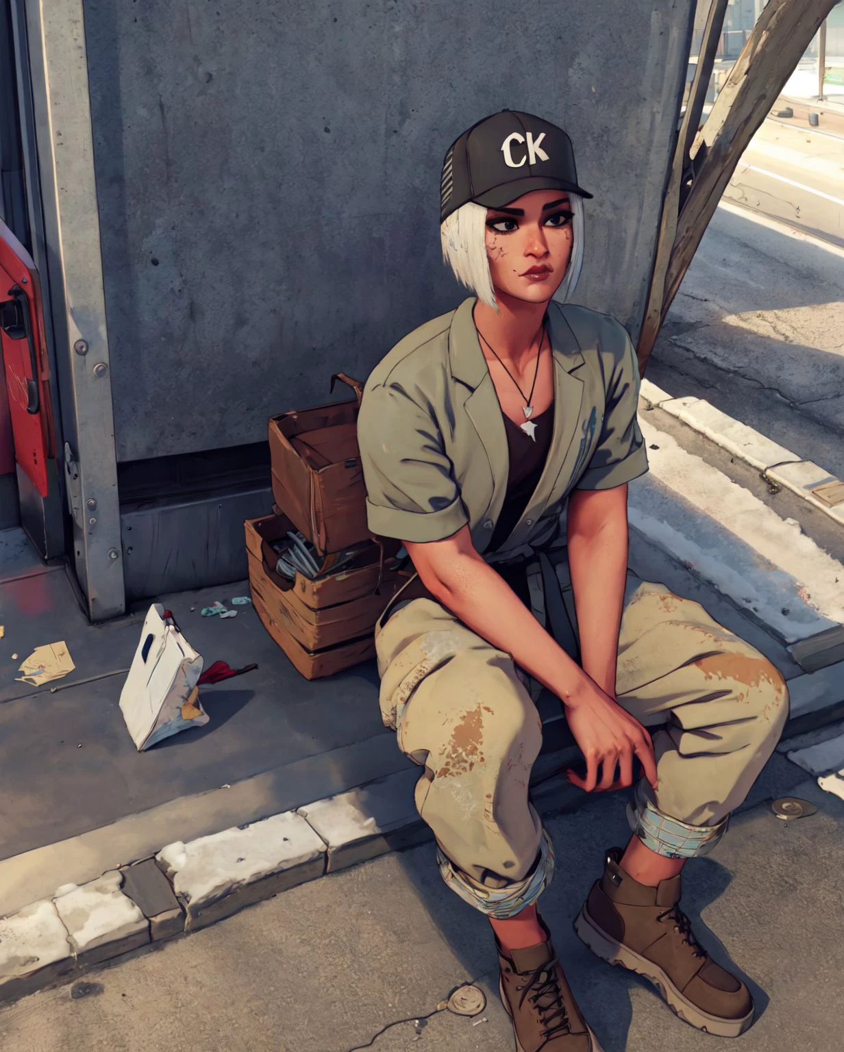 (insanely detailed, best quality, masterpiece, beautifully detailed face:1.2), (from above:1.2), (sitting against wall:1.3), loading dock, city sidewalk, long thick winter coat, trucker cap, (bindle, panhandling:1.4), ((weathered|ragged) clothing:1.4), <lora:yuk1HM-10:0.7> yuk1hm, short white hair, beauty mark, crane necklace, tattoo right arm,