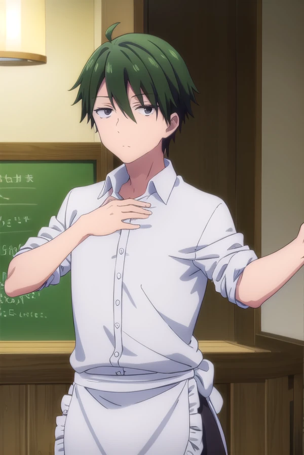 izuku midoriya, one anime boy, naked body, from behind, turning his head to look at the viewer, he is bending over a classroom table, bending over, looking over his shoulder, looking back, expressive eyes, freckles, freckles on ass, realistic body, perfect body, muscular, skinny
