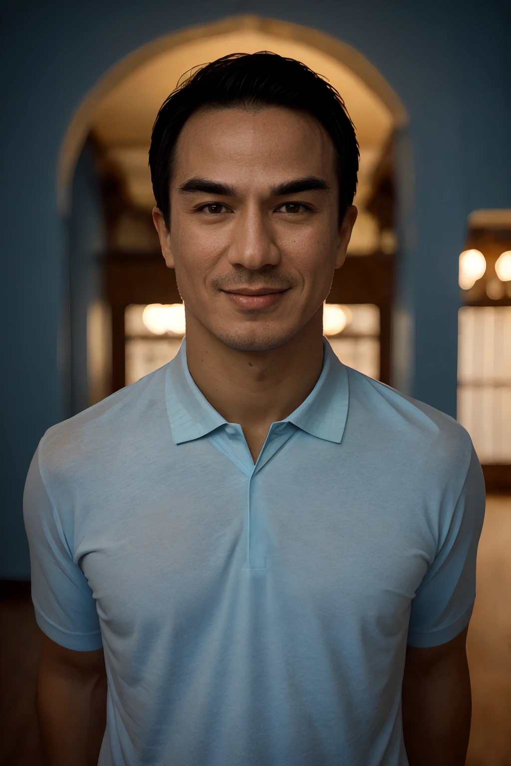 cinematic film still solo, kstyle, realistic, (man:1.3), (1boy:1.3), (((short hair, stubble, short goatee))), (((smile512))), (((wearing blue polo shirt:1.5))), ((Frame the tranquility of Lindos' traditional Greek Orthodox church, with its blue-domed roof, whitewashed walls, and the peacefulness of spiritual devotion.)), ((dynamic pose)), high detailed, 8k, clear facial features, <lora:PAseer-SD15-LCM Quick:1> <lora:ReaLora:.2> skin  <lora:[ID]_-_Joe_Taslim:1> joetaslim, <lora:KStyle_-_Photography_Style:.4> . shallow depth of field, vignette, highly detailed, high budget, bokeh, cinemascope, moody, epic, gorgeous, film grain, grainy