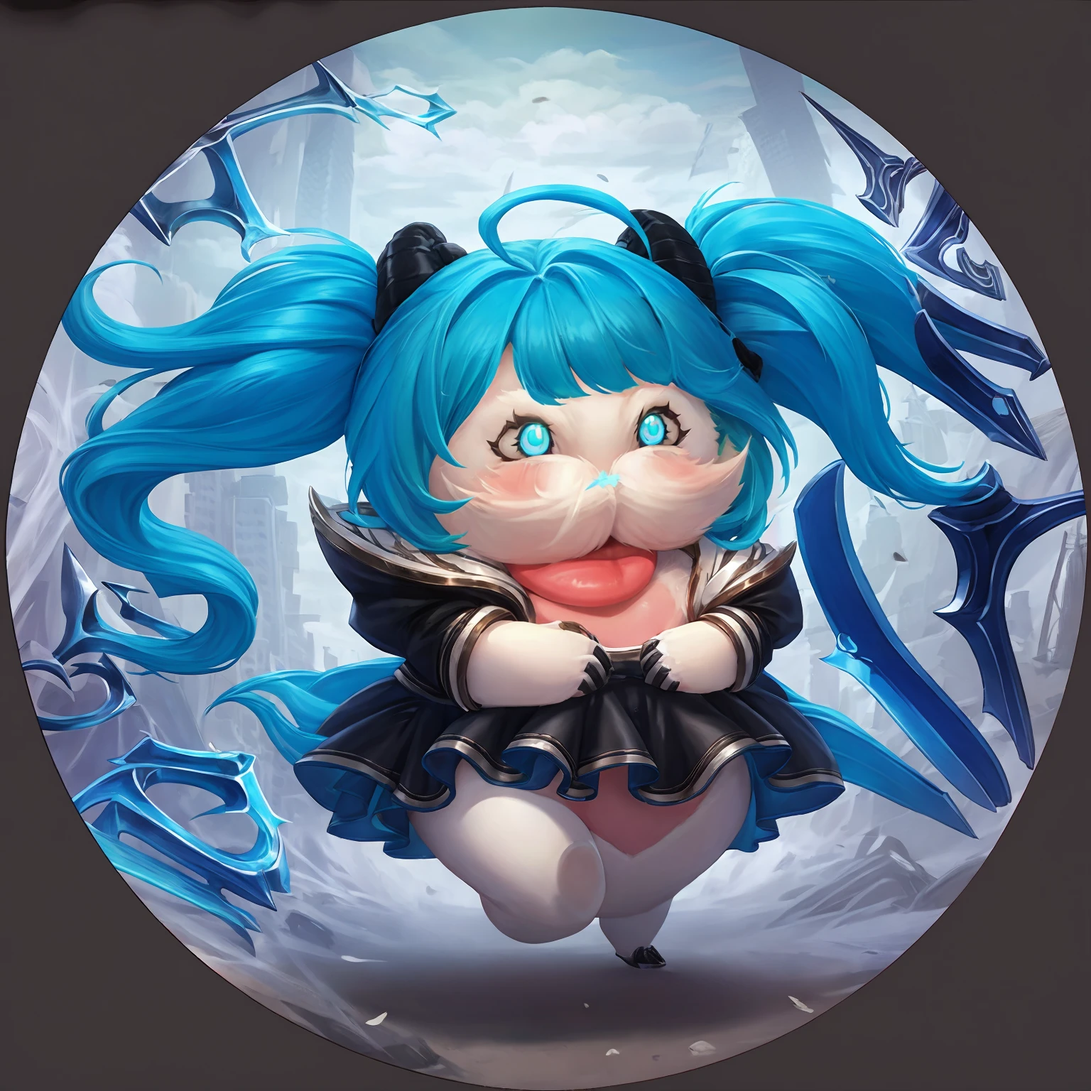 HEZI, Teamfight Tactics, little heroes, long hair, 1girl, holding, dress, smile, ahoge, bangs, bow, twintails, twin drills, hair bow, drill hair, puffy sleeves, puffy short sleeves, short sleeves, shiny hair, black dress, shiny, black bow, gloves, oversized object, scissors, green eyes, green hair, black gloves, grey dress, holding scissors, solo, solo focus, chibi, closed mouth, black sleeves, pantyhose, detached sleeves, blue hair, full body, frills, star-shaped pupils, black footwear, weapon, thighhighs, fog, heterochromia, glowing, standing, walking, frilled dress, blue eyes, outdoors, holding weapon, blush, shoes, striped, star (symbol), <lora:éç½åå¢-000004:0.75>