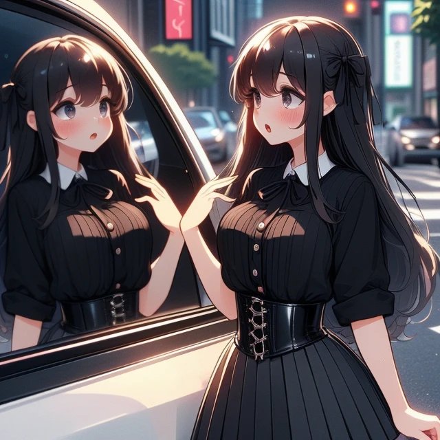 (((masterpiece))),  (((best quality))),  (((looking car glass))),  ((mirror)),  longhair,  ribbon,  big tits,  corset,  (((black pleated shirt))),  black button skirt,  sweat,  ribbon,  brown longhair,  suprise,  open mouth,  shy,  blush,  storefront,<lora:EMS-269041-EMS:1.200000>