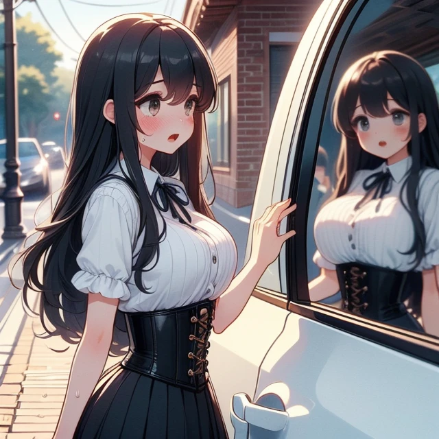 (((masterpiece))),  (((best quality))),  (((looking car glass))),  ((mirror on window)),  longhair,  ribbon,  big tits,  corset,  black pleated shirt,  black button skirt,  sweat,  ribbon,  brown longhair,  suprise,  open mouth,  shy,  blush,  sidewalk,<lora:EMS-269041-EMS:1.000000>