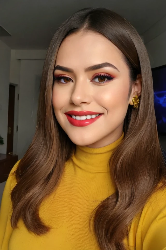 Portrait photo of m41s4, yellow turtleneck blouse, in a tv show, a smile on her face, makeup, lipstick