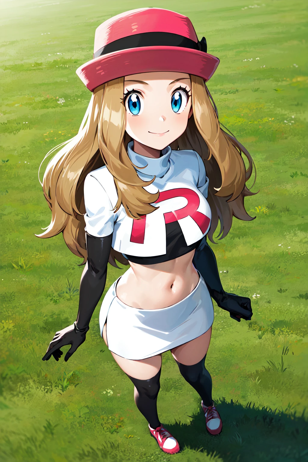 masterpiece, best quality, highres, blue eyes, serena \(pokemon\), 1girl, solo, thighhighs, long hair, hat, jewelry, bracelet, sleeveless, eyelashes, pink headwear, eyewear on headwear, outdoors, alley, happy, kneeling, from above, looking at viewer, after, cum in breasts, ahegao,wet see-through, grab breatst, heart in eyes, naked, hearts around face, milk