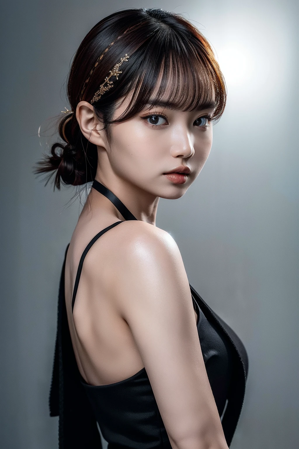 Best quality, masterpiece, ultra high res, (photorealistic:1.4), raw photo,1girl, solo, realistic, looking at viewer, upper body,simple gray background, black dress, <lora:makina69_day_v1.0:1>