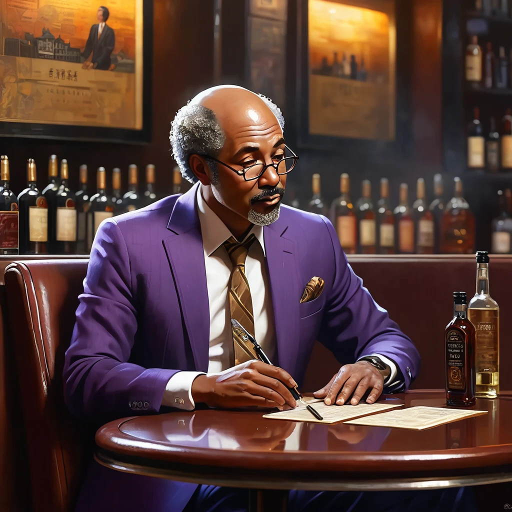 (impressionistic realism by csybgh), a 50 something male, working in banking, very short dyed dark curly balding hair, Afro-Asiatic ancestry, talks a lot but listens poorly, stuck in the past, wearing a suit, he has a certain charm, bronze skintone, sitting in a bar at night, he is smoking and feeling cool, drunk on plum wine, masterpiece, 8k, hyper detailed, smokey ambiance, perfect hands AND fingers