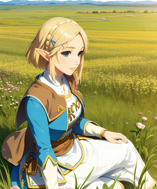 portrait, (adult woman), sitting, picking flowers, (1girl, solo), smile, (blonde hair), ((field, rolling hills)), (distant mountains), ((best quality, high detail)), ((masterpiece)),  <lora:zelda_shorthair_v5:0.4> zelda\(princess\), hairclip, cape, <lora:1_iizukitasuku_20e:1>