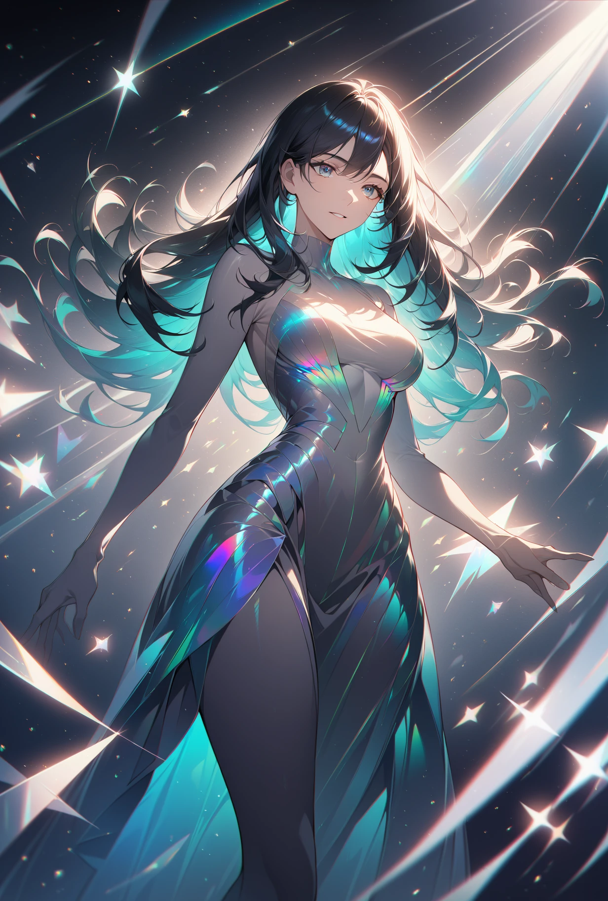 woman, long hair, sunlight, medium breasts, iridescent dress, glowing stars, A digital illustration, glowing stars, defraction spikes, chromatic aberration, bloom AND (glowing, holofoil:0.6)