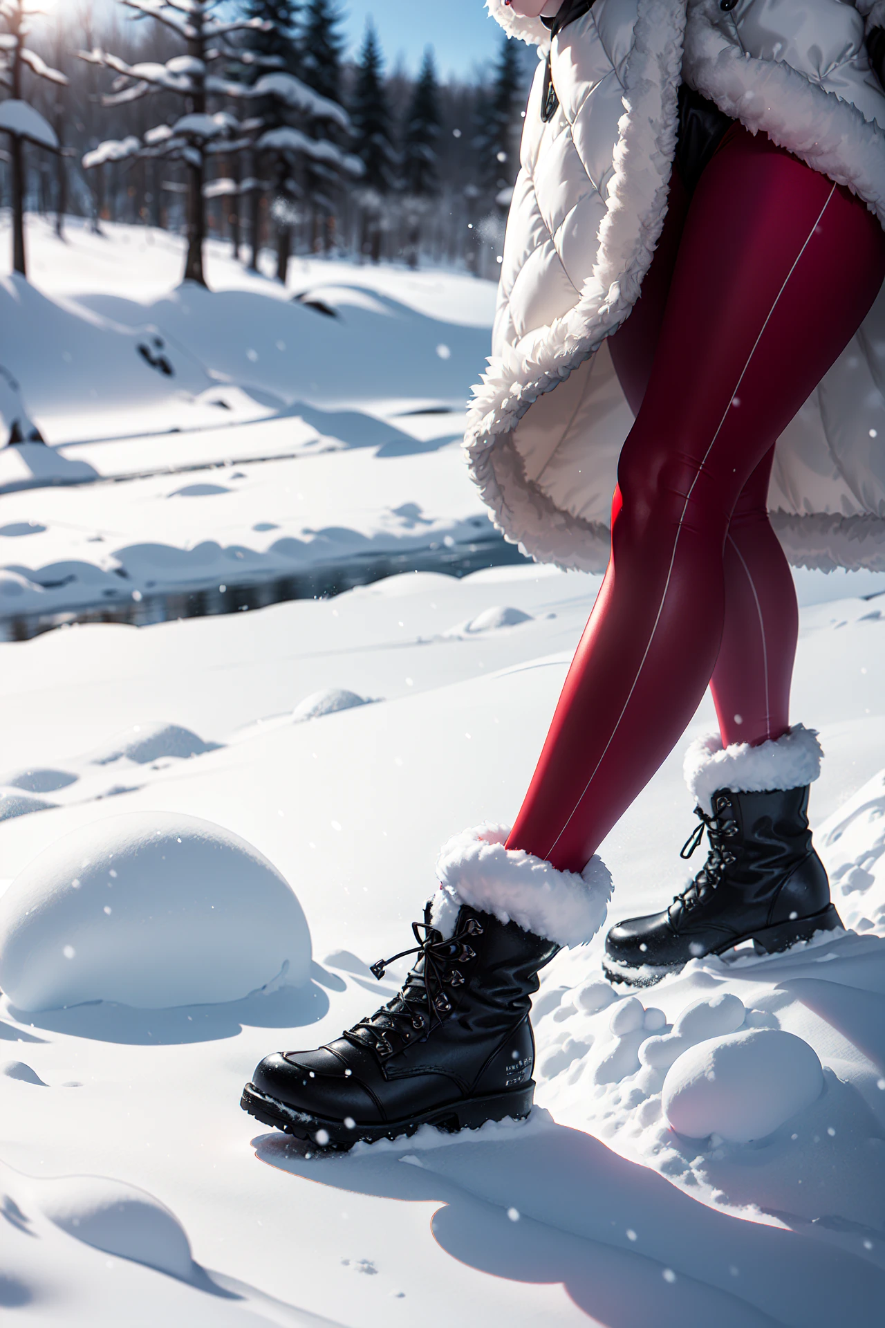 ((8k, best quality, masterpiece, extremely detailed, Rule of thirds)), (((light play, shadow play))), ((winter background)), ((glamour photography)), ((cinematic, film grain)), ((anime aesthetic)), ((provocative)), ((soft light passing through hair)), ((ranger, heavy fur coat, fur-lined boots, red-leggings)), falling snow, dynamic pose, heavy snow, beanie, close-up, wind-blown snow, blizzard, ((cold setting)),