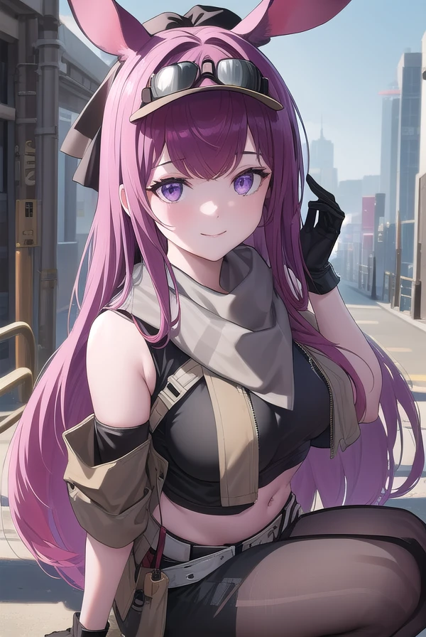 ((masterpiece)),(best quality),official art,extremely detailed CG,unity 8k wallpaper,ultra detailed,beautiful detailed eyes,extremely detailed face,1girl,solo,looking at viewer,smile,ray (arknights),official alternate costume,animal ears,rabbit ears,visor cap,goggles on head,very long hair,purple hair,hair intakes,bangs,purple eyes,grey scarf,crop top,midriff,short sleeves,large breasts,brown gloves,navel,groin,white belt,black shorts,black pantyhose,bag,black footwear,boots,<lora:ray(ark):1>,