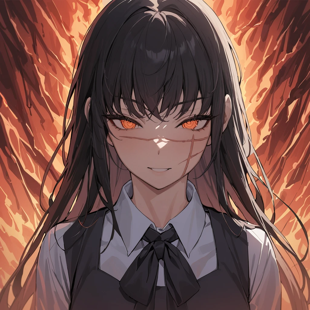 1girl, yoru, black hair, wearing long student dress, in the flaming hell, portrait, masterpiece, latest, vibrant color, best quality <lora:yoru_xl_a3:1>