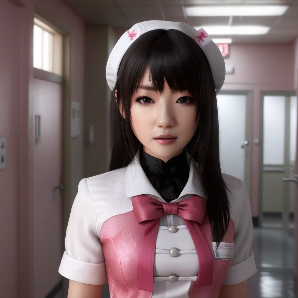 An ultra-realisitc extremely high-quality 8k fatal style photo of a super cute and gorgeously sexy Japanese nurse dressed in pink with long hair ((holding beagle puppy)) in her arms ex she explores the haunted creepy hospital <lora:fatal style:0.725>  <lora:tsubomi woman:0.7> tsubomi woman, (((extremely detailed and beautiful pink colored eyes and facial features))), black and white, pink flower, pink iris  walking in the rain, gorgeous breathtaking dramatic noir style cinematic lighting , epic action-packed dynamic composition  exploring a creepy haunted hospital