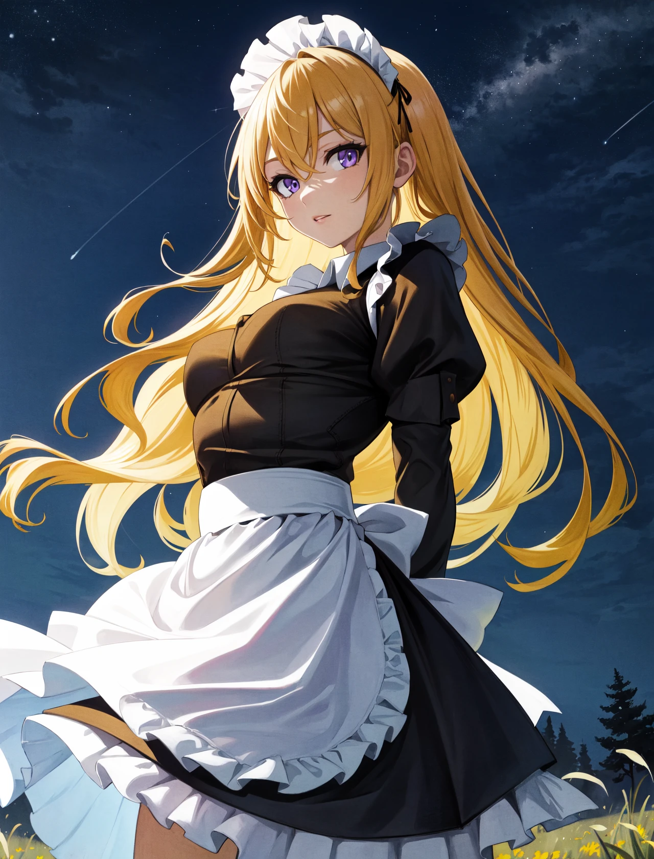 masterpiece, best quality, highres,
1girl, solo, purple eyes, blonde hair, long hair, wavy hair, very long hair, hair between eyes, bangs,
maid, maid headdress, maid apron, lace, lace trim, puffy sleeves, long sleeves,
cowboy shot, looking at viewer, arms behind back, outdoors, forest, field, night, sky, night sky, starry sky, <lora:LoRA_Xiao:1>