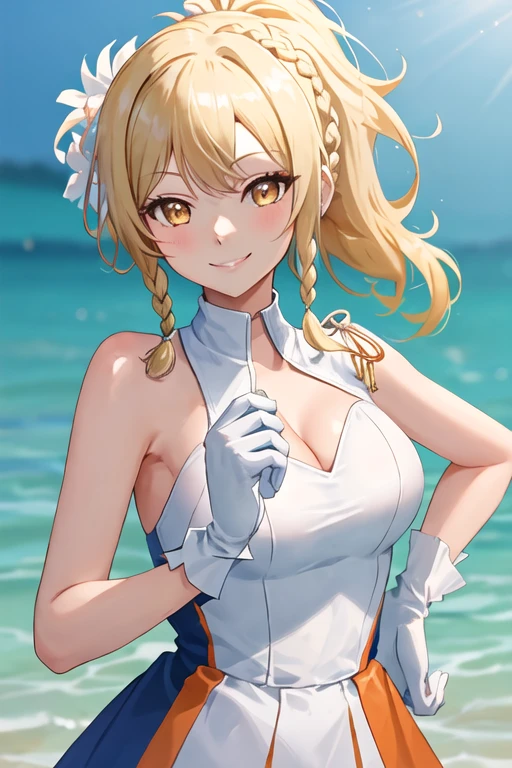 School Swimsuit　Yellow swimsuit　Blonde　Pool　smile　amount　ponytail　
