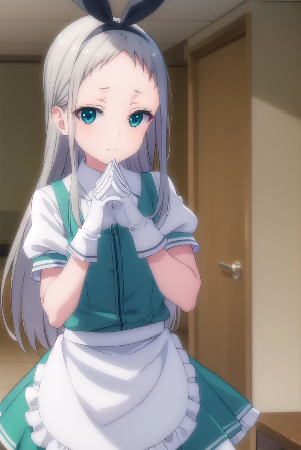 hiderikanzaki, <lora:hideri kanzaki s1-lora-nochekaiser:1>,
hideri kanzaki, long hair, bow, (green eyes:1.3), hair bow, grey hair, male focus, hairband, black hairband, otoko no ko, (forehead:1.2), smile,
BREAK gloves, dress, short sleeves, frills, puffy sleeves, white gloves, apron, puffy short sleeves, waist apron, white apron, frilled apron, waitress,
BREAK indoors, restaurant,
BREAK looking at viewer, (cowboy shot:1.5),
BREAK <lyco:GoodHands-beta2:1>, (masterpiece:1.2), best quality, high resolution, unity 8k wallpaper, (illustration:0.8), (beautiful detailed eyes:1.6), extremely detailed face, perfect lighting, extremely detailed CG, (perfect hands, perfect anatomy),