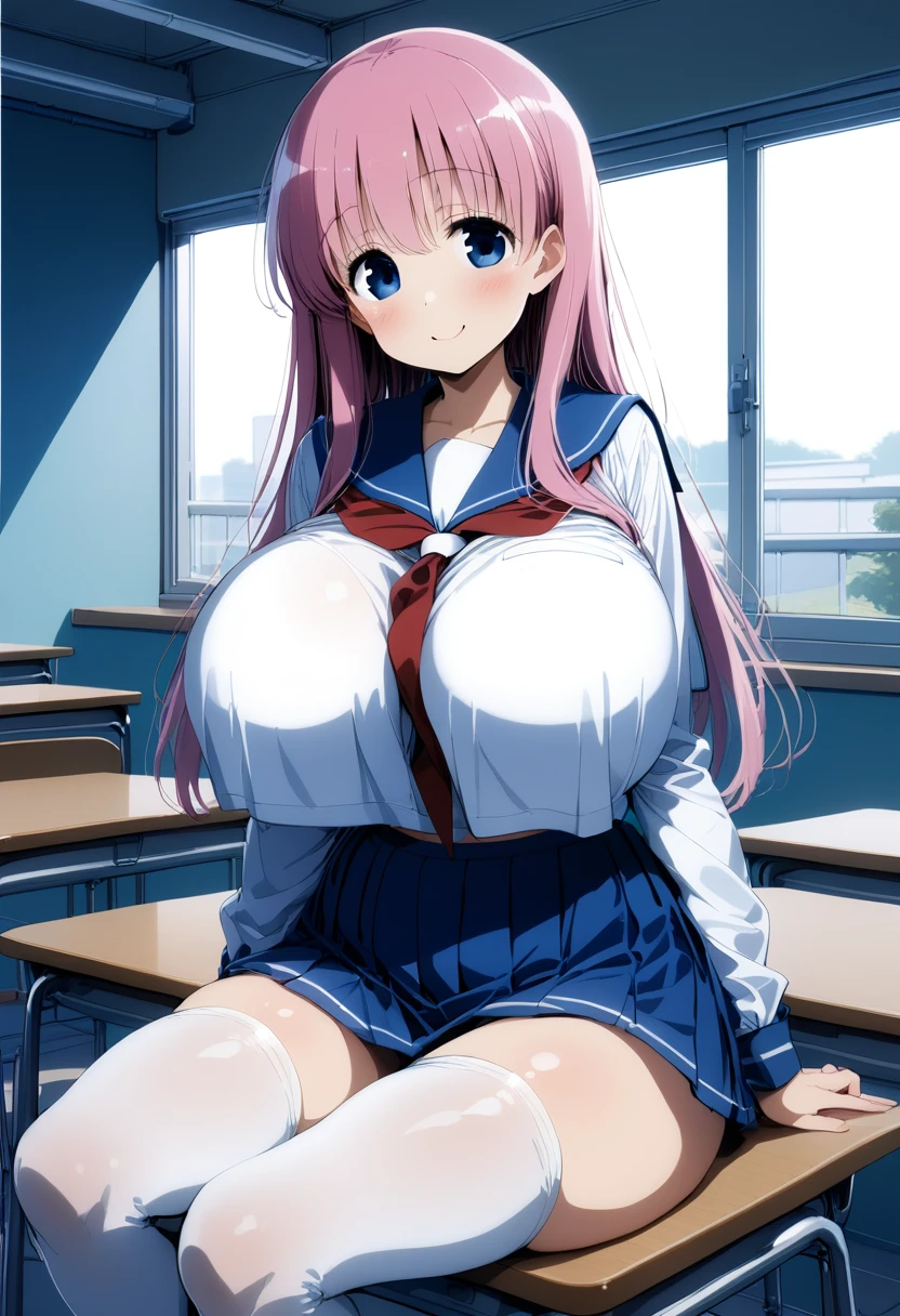 1girl, vaginal sex, Clothed sex, classroom, smile, cowboy shot, huge breasts, sitting, open mouth,  
haramura_nodoka, blue eyes, pink hair, long hair, kiyosumi , serafuku, blue skirt, white thighhighs, best quality, masterpiece, highres, 