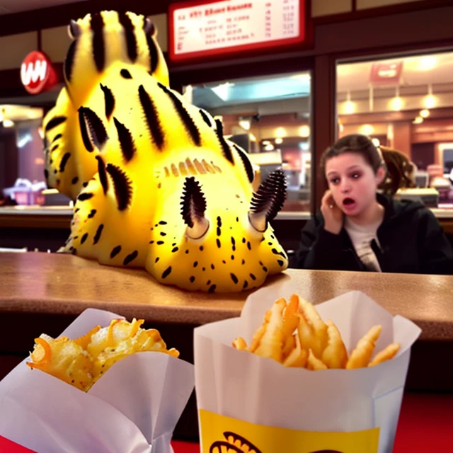 a yellow jorunna ordering a meal at wendys <lora:seabnuuy-000160:0.8>