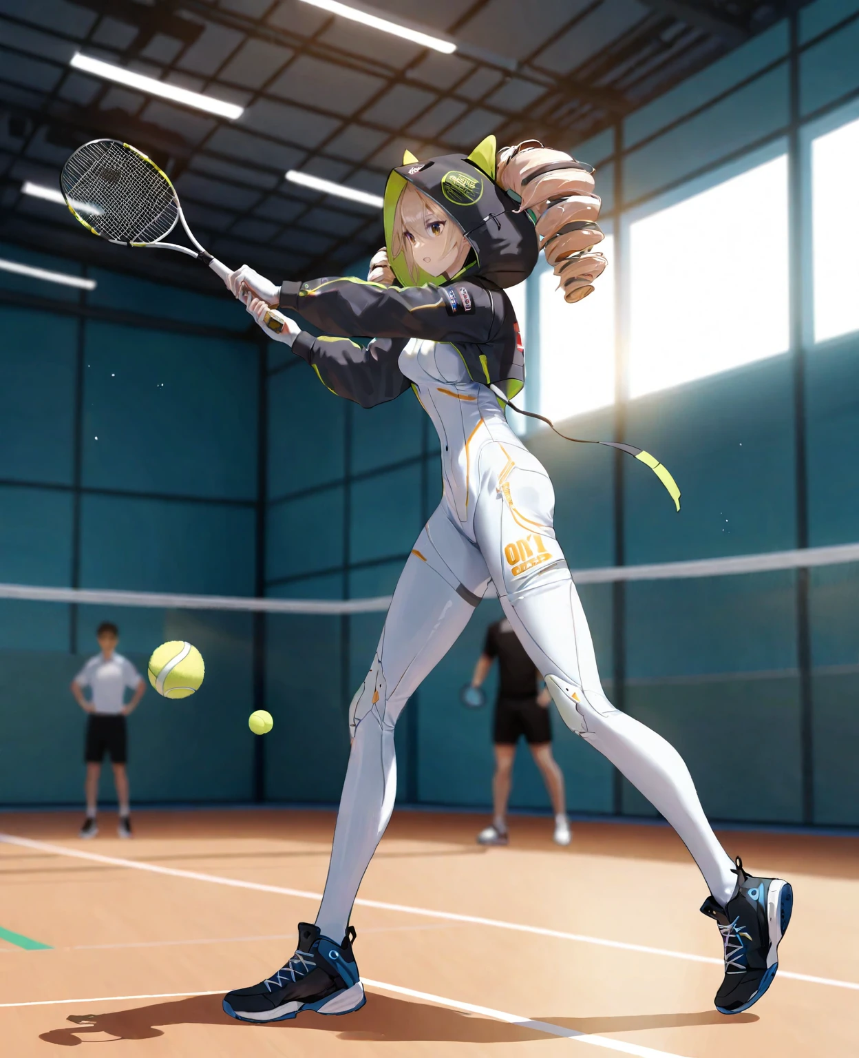 (1girl:1.2),(solo:1.2),masterpiece,best quality,highly detailed,best quality,photo realistic,depth of field,highres,extremely detailed wallpaper,third-party edit,<lora:ShiroLoraXL:0.9>,extremely detailed white bodysuit,twin drills,hood,playing badminton in a gym,holding badminton bat,hitting the badminton ball hard,