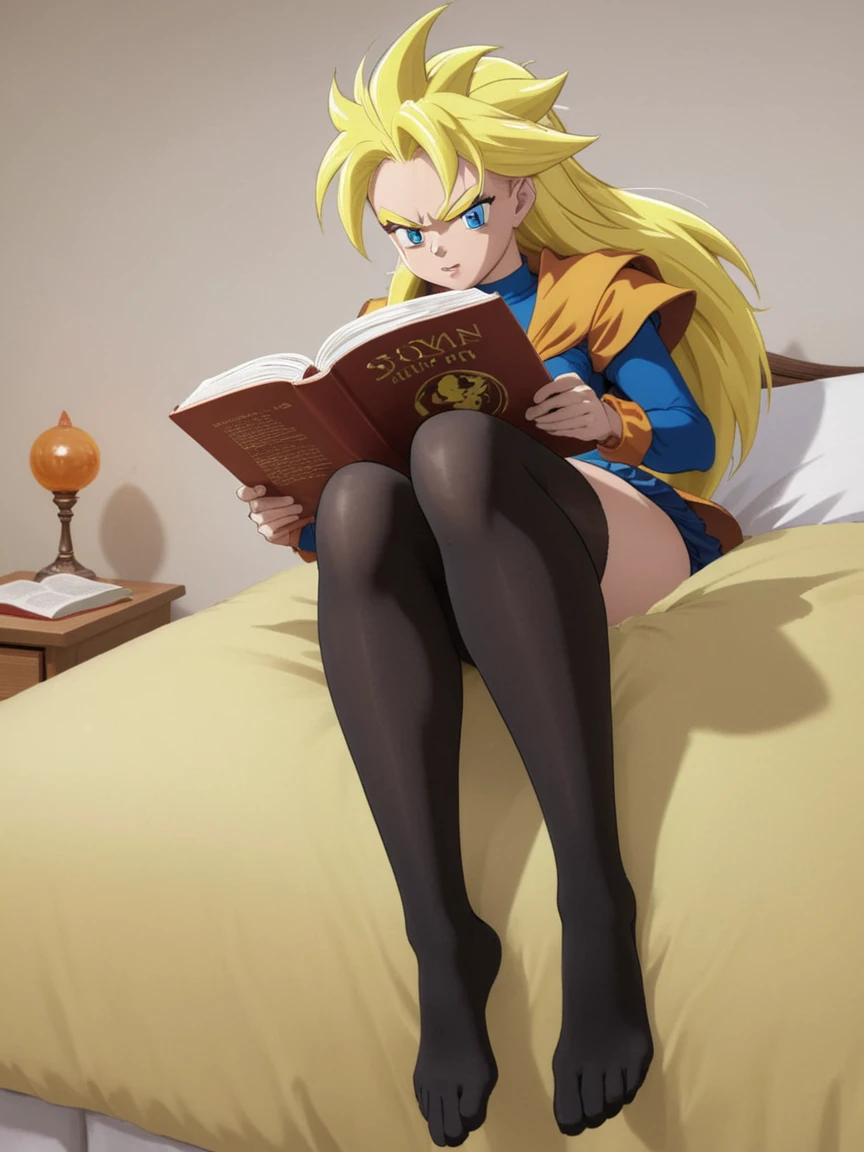 high quality anime, super saiyan pan, in thigh high stockings, sitting on a bed, reading a book, beautiful feet in stockings, toes,