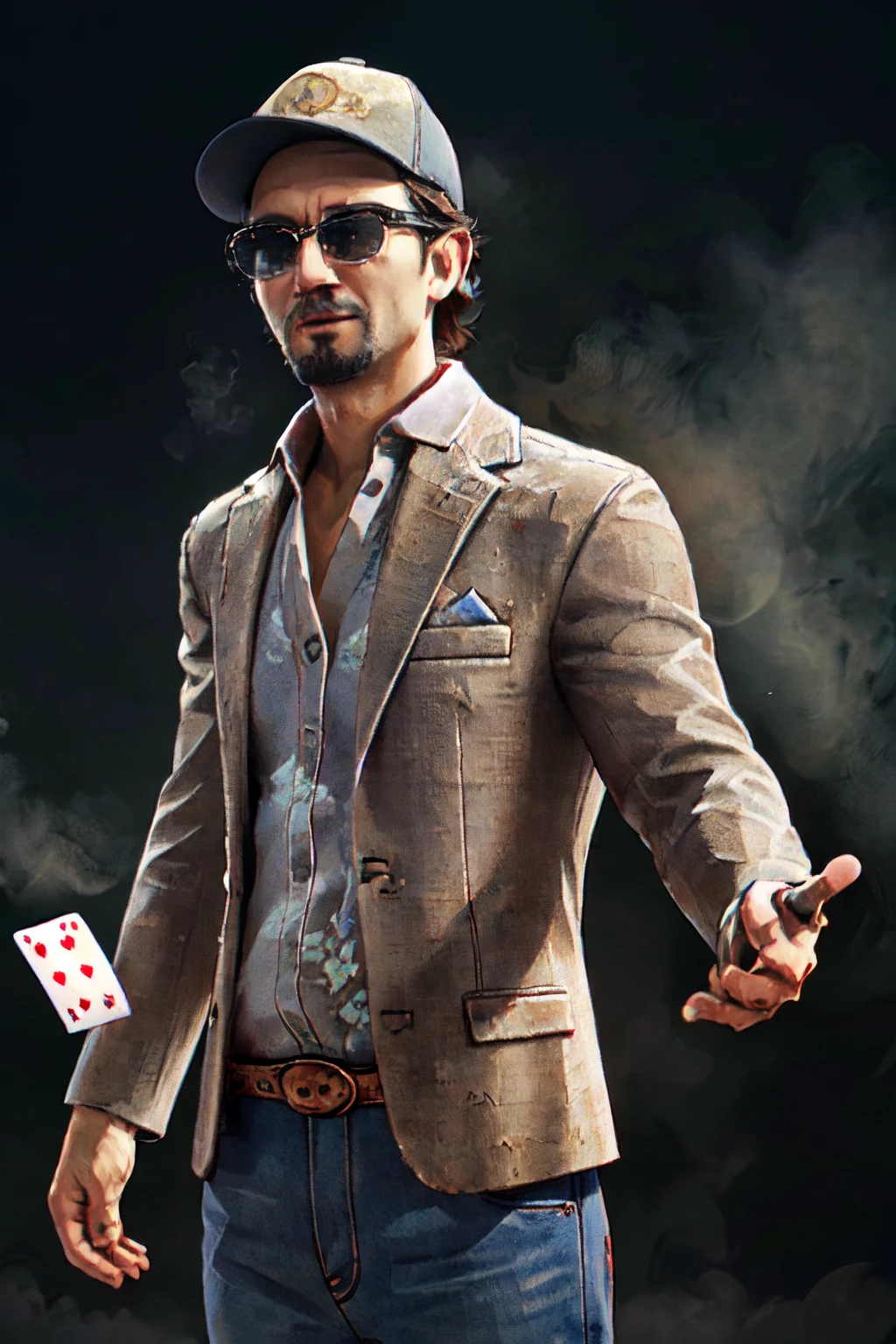 1boy,  solo,  Ace Visconti,  Dead By Dayligh,  Argentinian of Italian descent,  gambler,  grey-streaked hair,  facial hair,  sunglasses,  (cap),  damask print shirt,  classic jacket,  jeans,  mature,  manly,  masculine,  handsome,  charming,  alluring,  dashing,  smirk,  (standing),  (upper body in frame),  dark background,  fog,  dark atmosphere,  cinematic light,  perfect anatomy,  perfect proportions,  perfect perspective,  8k,  HQ,  (best quality:1.5,  hyperrealistic:1.5,  photorealistic:1.4,  madly detailed CG unity 8k wallpaper:1.5,  masterpiece:1.3,  madly detailed photo:1.2),  (hyper-realistic lifelike texture:1.4,  realistic eyes:1.2),  picture-perfect face,  perfect eye pupil,  detailed eyes,  realistic,  HD,  UHD,  portrait,  looking outside frame,  side view,  dynamic,  cinematic,  floating poker cards, best quality,<lora:EMS-269078-EMS:0.800000>