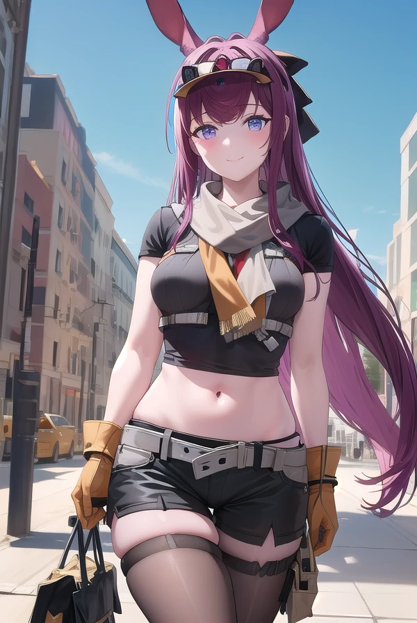 ((masterpiece)),(best quality),official art,extremely detailed CG,unity 8k wallpaper,ultra detailed,beautiful detailed eyes,extremely detailed face,1girl,solo,upper body,looking at viewer,smile,ray (arknights),official alternate costume,animal ears,rabbit ears,visor cap,goggles on head,very long hair,purple hair,hair intakes,bangs,purple eyes,grey scarf,crop top,midriff,short sleeves,large breasts,brown gloves,navel,groin,white belt,black shorts,black pantyhose,bag,black footwear,boots,<lora:ray(ark):1>,