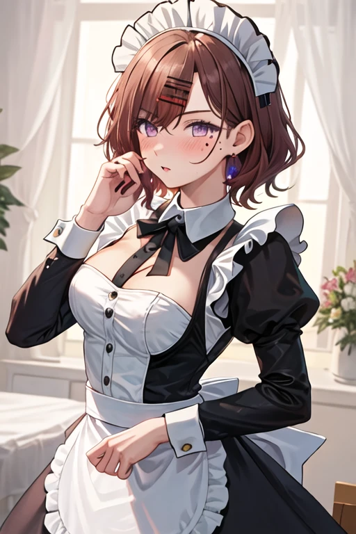 best quality, masterpiece, highres, solo, {maid:1.40}, {long maid dress:1.15}, {higuchi_madoka_theidolmstershinycolors:1.15}, short_hair, brown_hair, mole, mole_under_eye, bangs, hair_ornament, hairclip, purple_eyes, blush, breasts