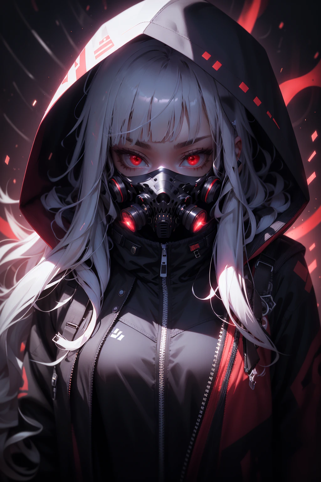 1girl,  solo,  long hair,  looking at viewer,  bangs,  red eyes,  jacket,  upper body,  white hair,  hood,  blunt bangs,  open jacket,  hoodie,  mask,  glowing,  glowing eyes,  hooded jacket,  hood up,  zipper,  mouth mask,  gas mask,<lora:EMS-269066-EMS:1.000000>