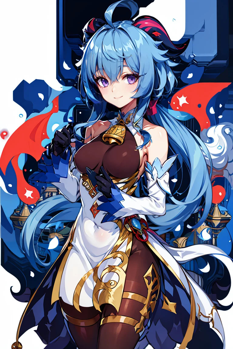 <lora:Harada_Takehito_Background_Dim32:0.8>,((masterpiece,best quality)), absurdres, <lora:Ganyu_Genshin:0.8>, Ganyu_Genshin, 1girl, solo, long hair, blue hair, purple eyes, low ponytail, ahoge, horns, long hair, low ponytail, ahoge, horns, bare shoulders, neck bell, bodystocking, white dress, gold trim, flower knot, detached sleeves, black gloves, pelvic curtain, thighlet, pantyhose, smile, looking at viewer, cowboy shot,