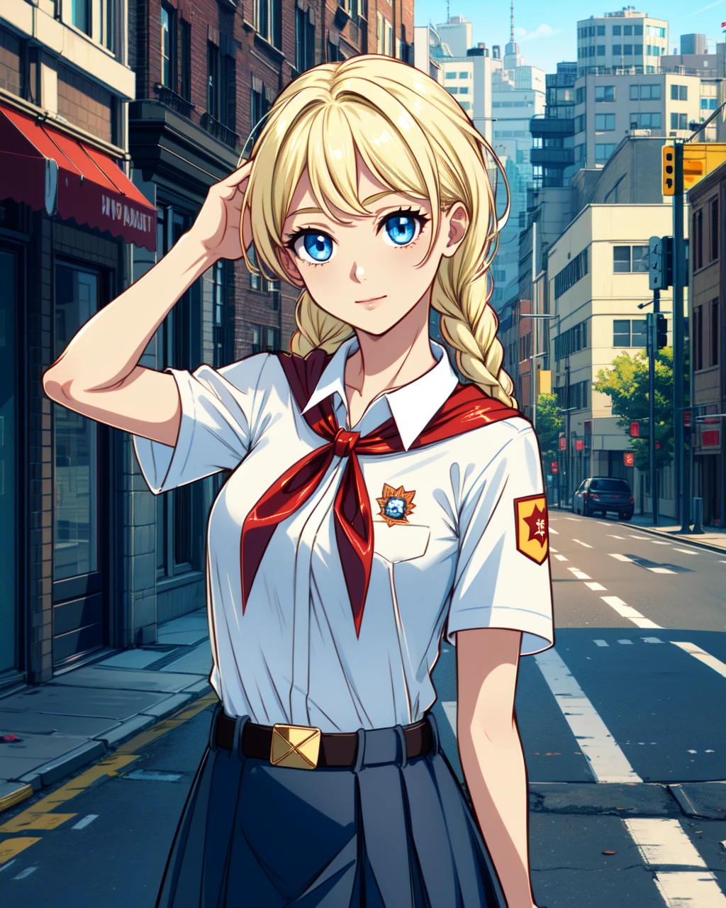 masterpiece, high quality, 1girl, blslavya, blue eyes, blonde hair, twin braids, hair over shoulder, white shirt, red badge on shirt, red bow-tied neckerchief, leather belt, blue skirt, detailed hands, (dynamic pose), hand in hair, medium shot, upper body, outdoors, city, street, day, <lora:blslavya-000005:0.7>, <lora:add_detail:0.5>