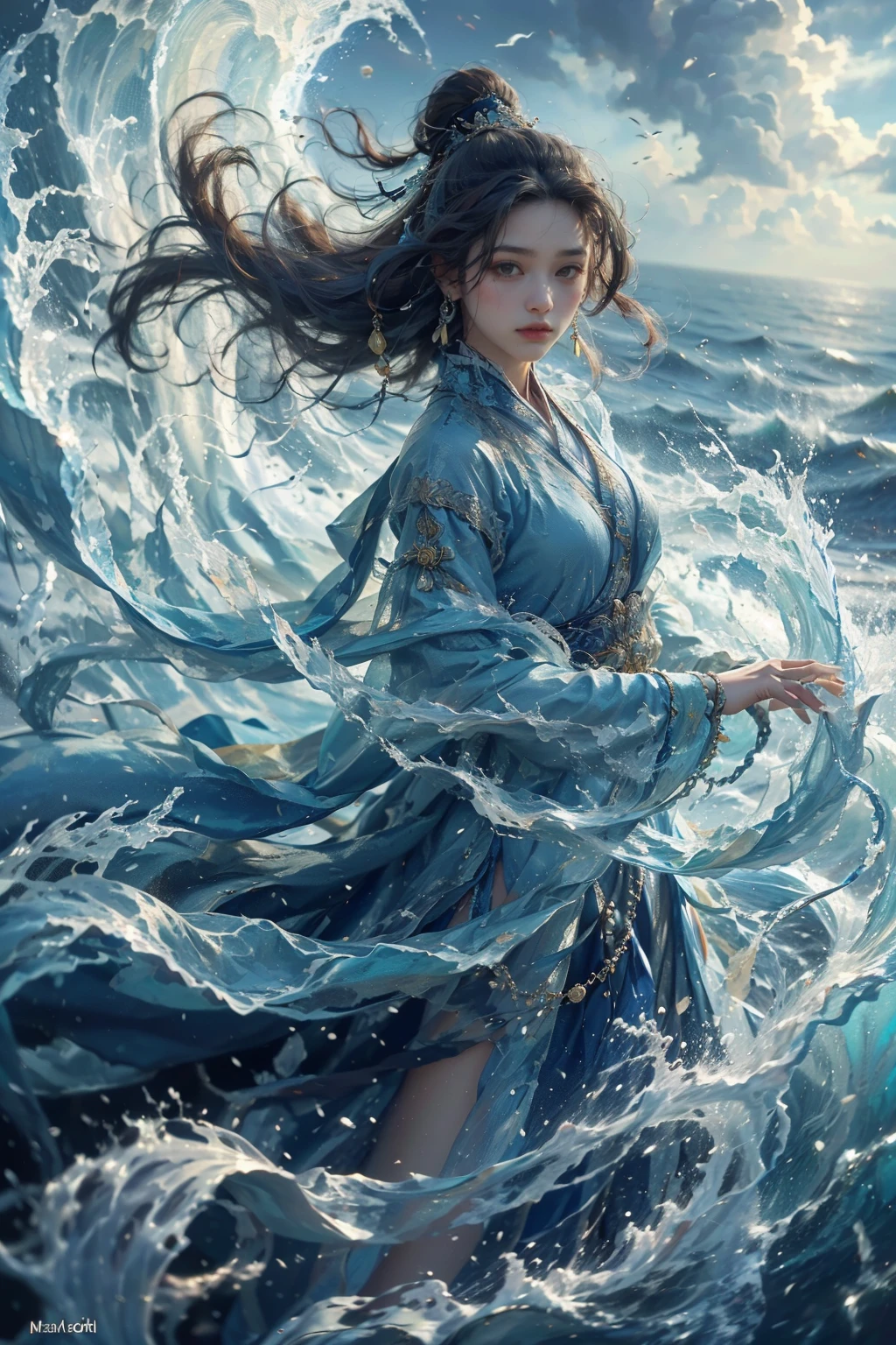 haifeisiv6,painting of a woman in a flowing dress in the ocean,cgsociety and fenghua zhong,maya ali as a wind mage,((waves)),((full art)),((china blue eyes)),((artwork in the style of z.w. gu)),((ultra detailed water)),((su fu)),((wave)),
Best quality,masterpiece,ultra high res,<lora:20240118-1705551743354-0015:0.65>, exquisite detail, extremely complex composition, ambient light, dynamic background, breathtaking, beautiful, delicate, epic, cinematic, stunning, unique,, best, dramatic, atmosphere, full