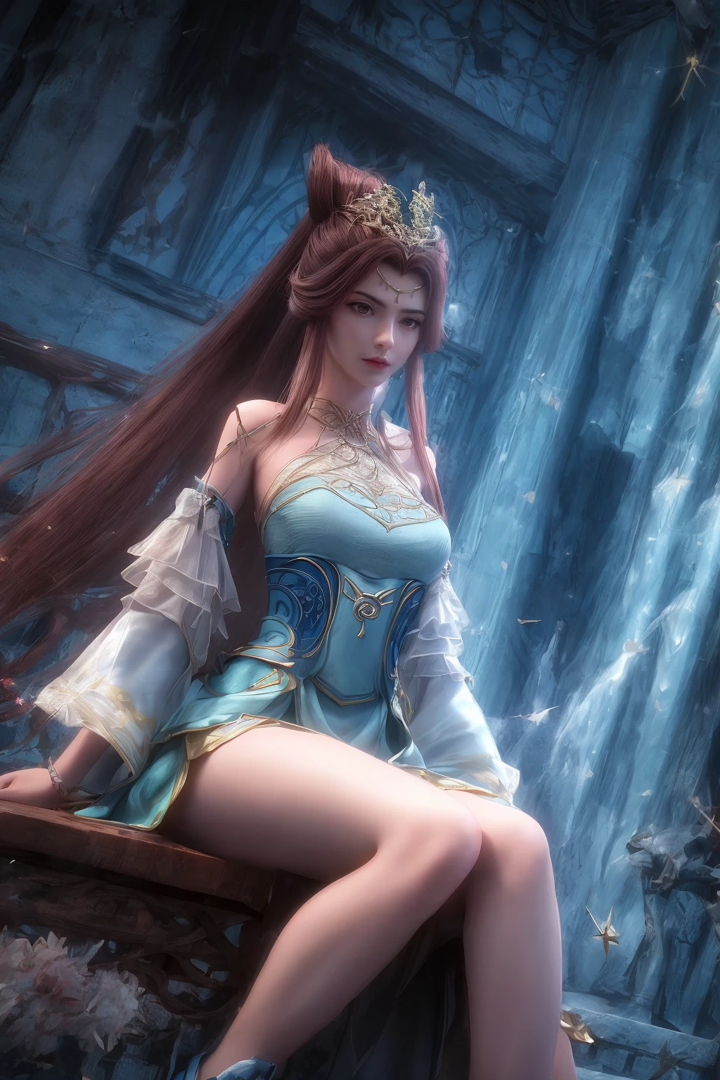 bailian,hanfu,sulingyun,full body,1girl,solo,long hair,masterpiece,HDR,UHD,8K,best quality,Photographic,<lora:sulingyun:0.7>masterpiece, flat chestbest quality},highres,solo,flat_chest,a girl inside the church with white hair and blue pupil surrounded by many glowing feathers in cold face,detailed face,night with bright colorful lights whith richly layered clouds and clouded moon in the detailed sky,a lot of glowing particles,high ponytail,mecha clothes,robot girl,cool movement,sliver bodysuit,filigree,delicate and (intricate) hair,((sliver)) and (broken) body,blue streaked hair,full body,Depth of field, sitting on a blue star<lora:add_detail:0.7>